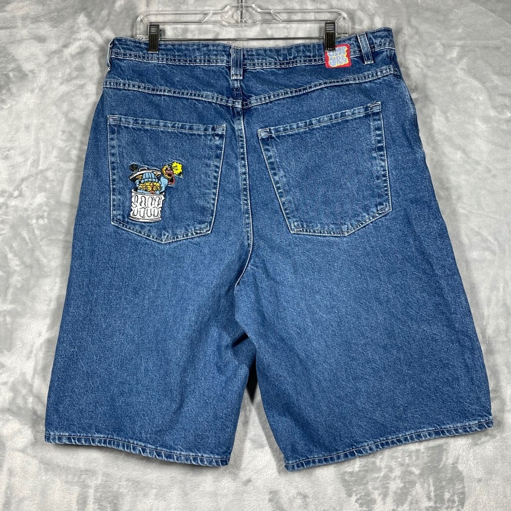 EMPYRE Denim Shorts Mens Size 34 Graffiti Cat Graphic Drawstring Blue Jeans Y2K